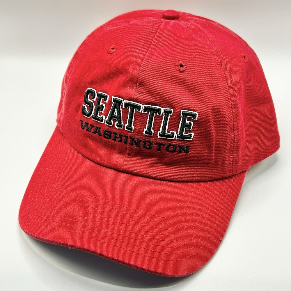Seattle Washington Wordmark Dad Hat Cap Adjustable Strapback Red Outdoors Casual